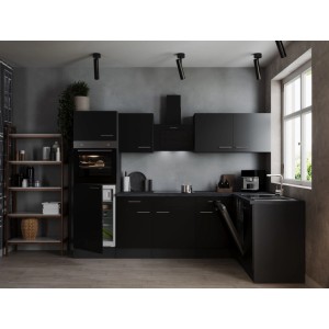 Respekta Winkelküche Oliver 280 cm Schwarz mit E-Geräten und Spüle.
