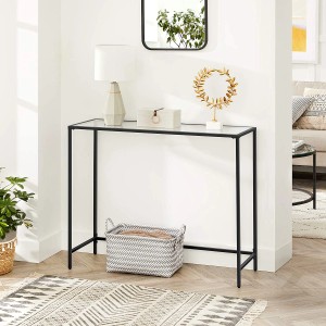 Vasagle Konsolentisch mit schwarzem Metallgestell und transparenter Glasplatte. Modernes Design.