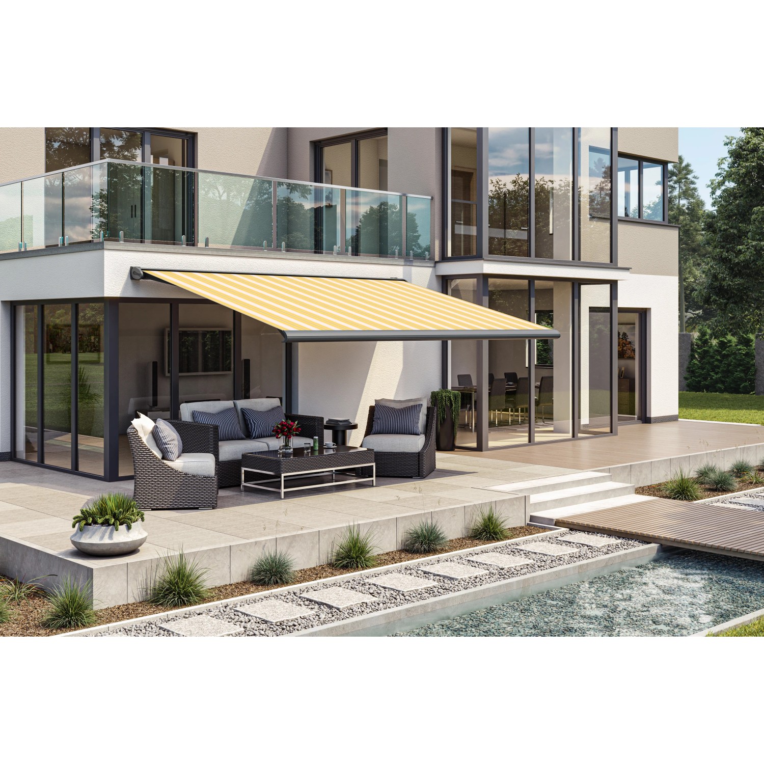 Ausgefahrene Wismar Kassettenmarkise S-Compact, 200x150 cm, gelb-weiß-grau, auf Terrasse.