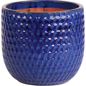 Blauer, glasierter Keramik Pflanztopf mit Reliefmuster, Ø 31 cm.