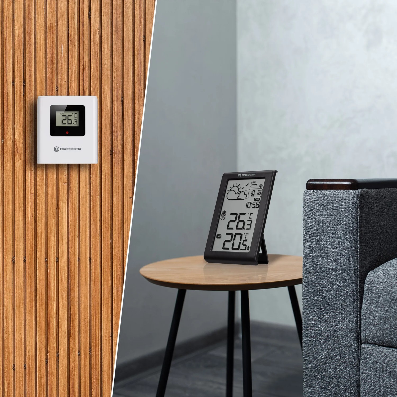 Bresser Meteo Temp W Wetterstation mit Funk-Thermo-Sensor, schwarzes Design.