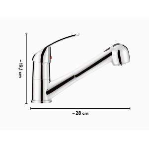 baliv Küchenarmatur KI-1181 Chrom, Einhebelmischer mit Geschirrbrause und Maßangaben.