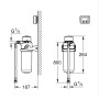 Technische Zeichnung: Grohe Blue Starter-Set mit Aktivkohlefilter und Maßen.