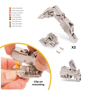Emuca Kit von 2 Topfscharniere X91 Eckanschlag 165 Grad Öffnungswinkel mit Schließautomatik und Kreuzmontageplatten Euroschraube Höhe 0 Stahl