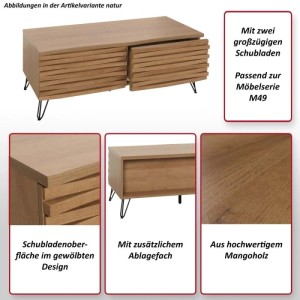 Moderner Couchtisch M49 Natur mit zwei Schubladen und Ablagefach auf Metallfüßen.
