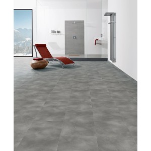 Living by Haro Designboden HydroStar Finca Beton titangrau im modernen Bad mit Liege.