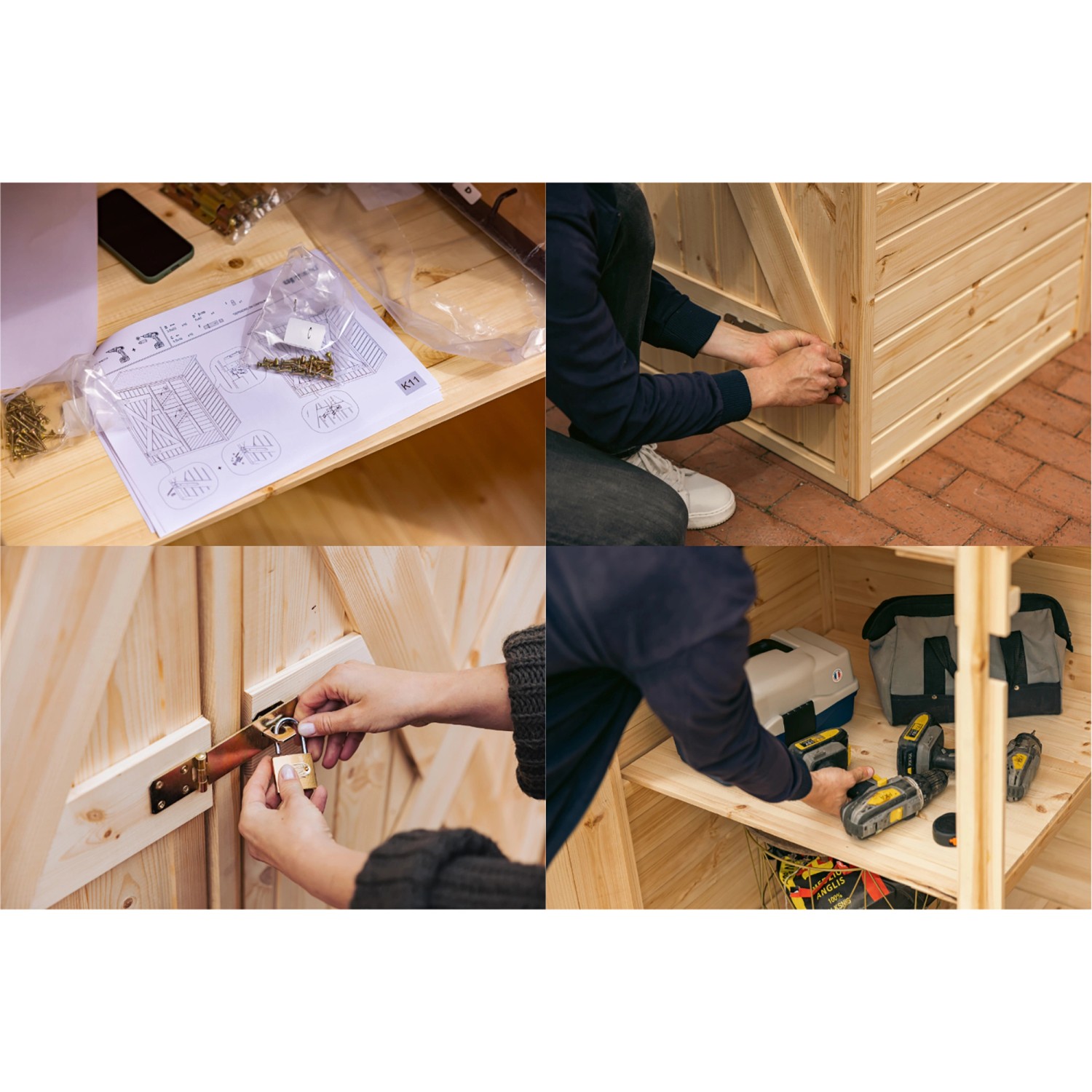 Montage des Upyard Garten-Geräteschuppens (150x70 cm) aus FSC®-Holz, Detailansichten.