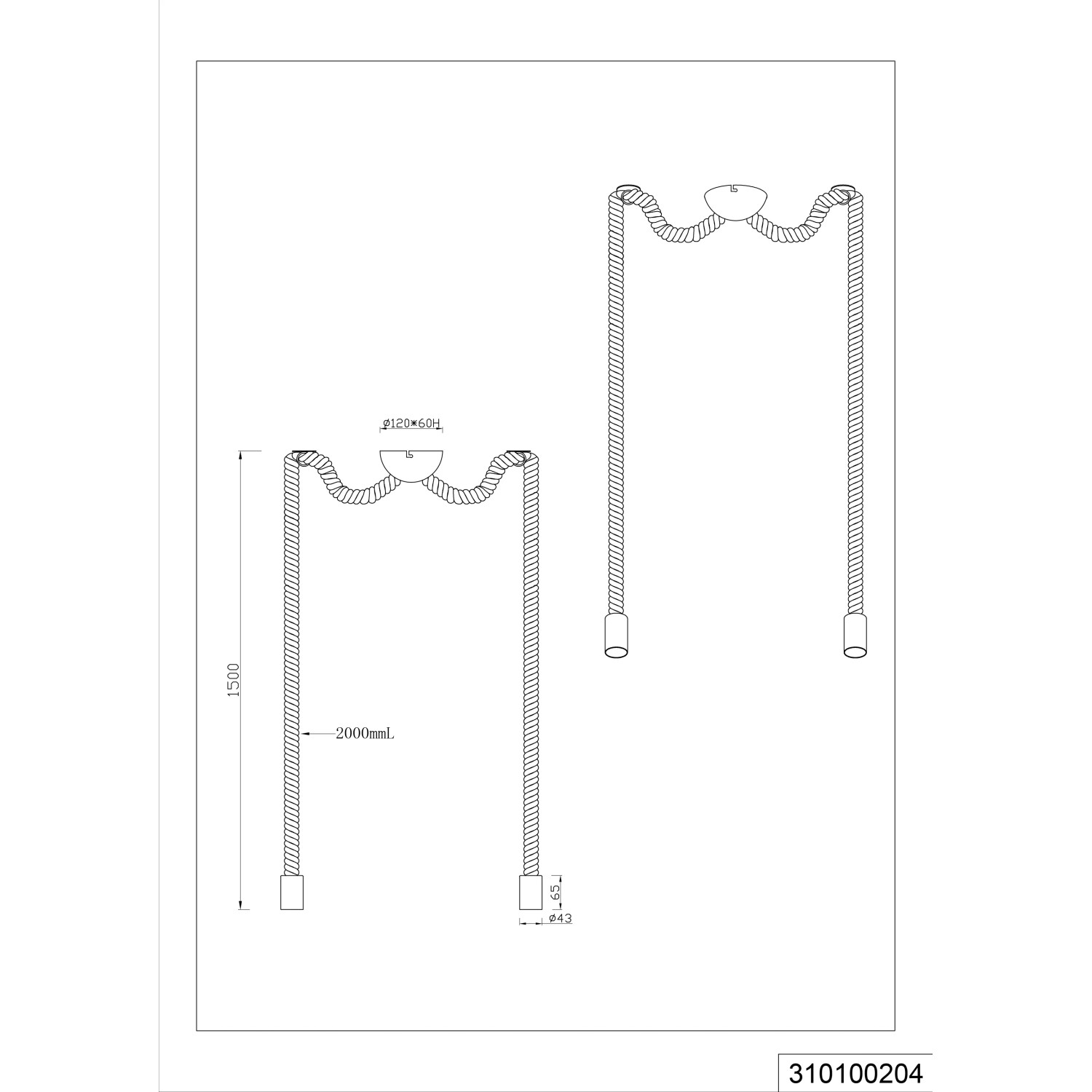 Skizze der 2-flammigen Trio Deckenlampe Rope Altmessing Vintage E27 mit Maßen.
