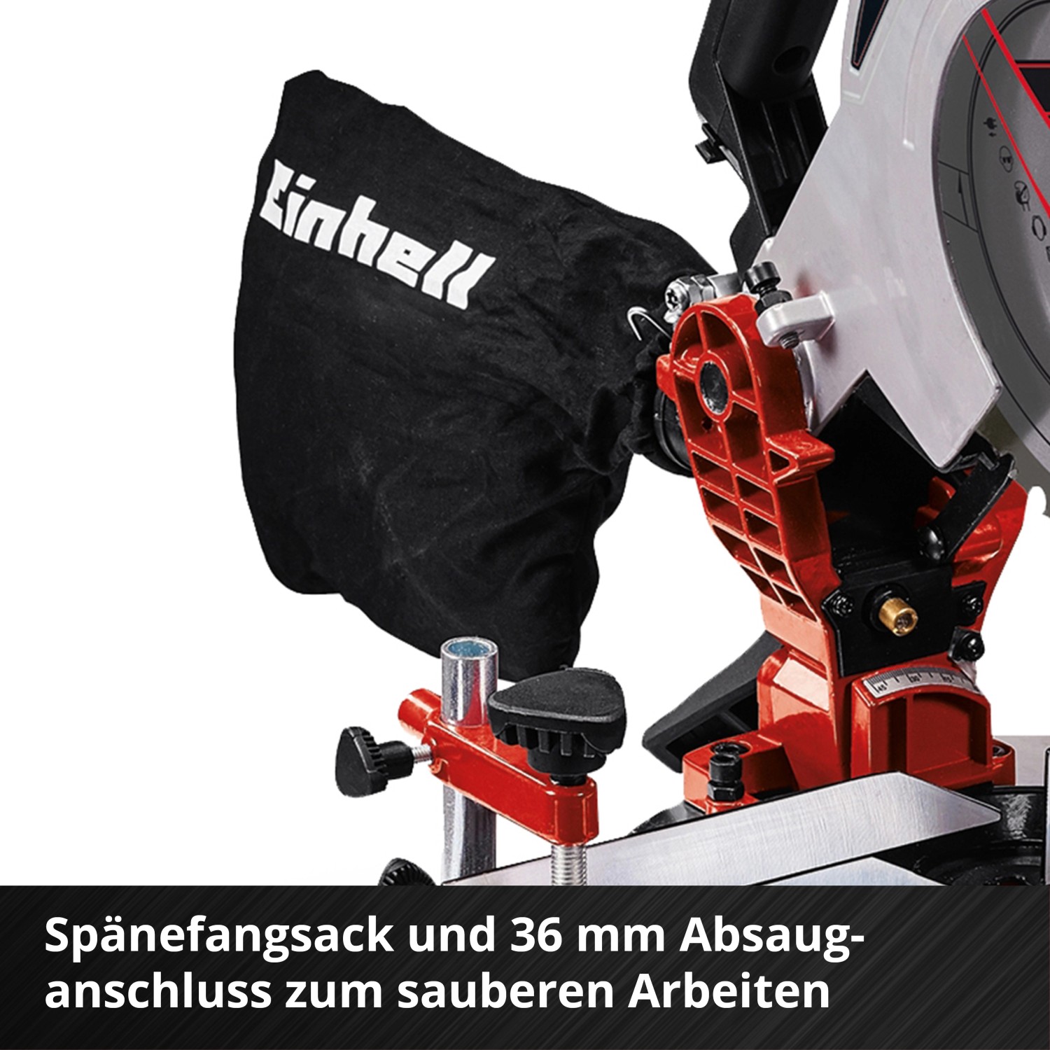Einhell Akku-Kappsäge TE-MS 18/210 Li mit Spänefangsack und Absauganschluss.