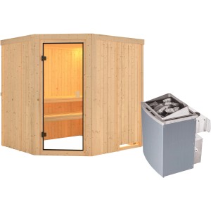 Woodfeeling Sauna Bodo mit Ofen, bronzierter Glastür. Massivholzsauna mit 2 Bänken und Ofenschutzgitter.