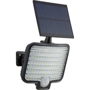 Schwarzer Solar-LED-Außenstrahler mit Bewegungssensor und Solarpanel. Wandleuchte für den Außenbereich.