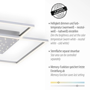 Quadratische LED-Deckenleuchte Yuki in Stahlfarben mit Sternenhimmel-Effekt, dimmbar.