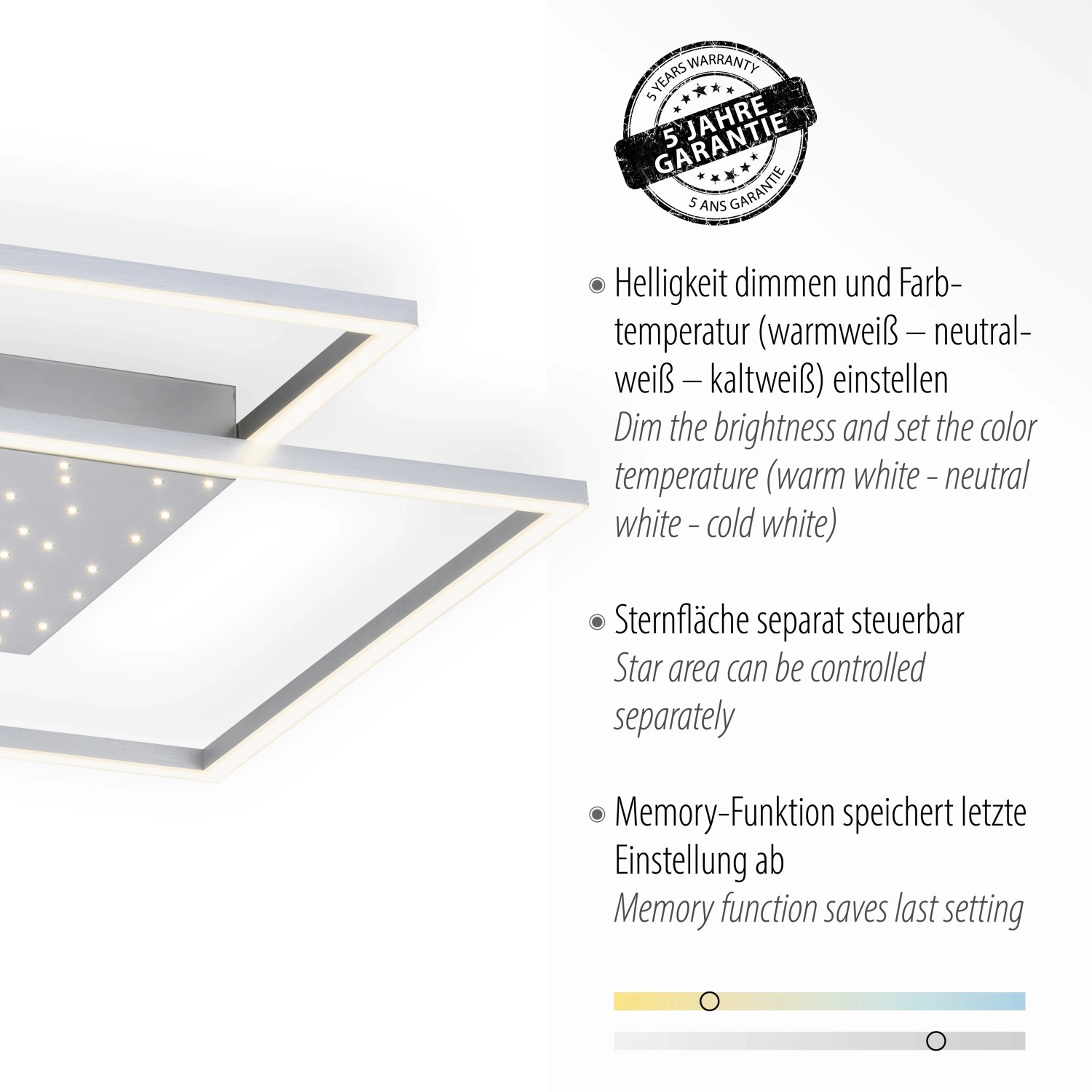Quadratische LED-Deckenleuchte Yuki in Stahlfarben mit Sternenhimmel-Effekt, dimmbar.