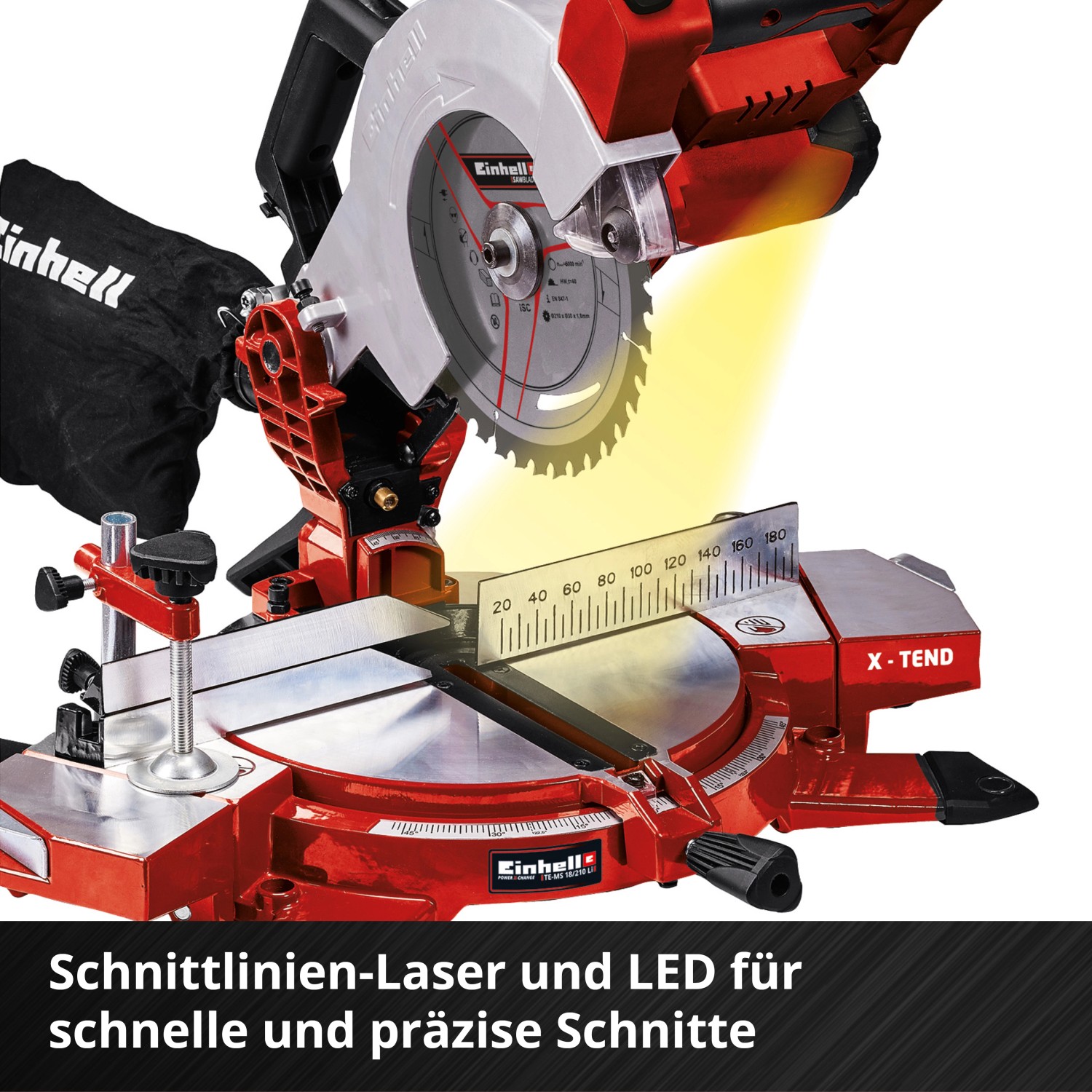 Einhell Akku-Kappsäge TE-MS 18/210 Li Solo: Kompakte Kapp- und Gehrungssäge mit Laser und LED Beleuchtung.