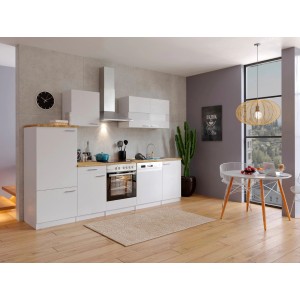 Weiße Respekta Economy Küchenzeile 280 cm mit Elektrogeräten und Nussbaum Arbeitsplatte.