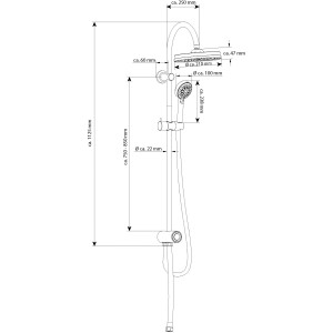 Technische Zeichnung: Schütte Überkopf-Brauseset Niagara Rain Chrom mit Maßangaben.