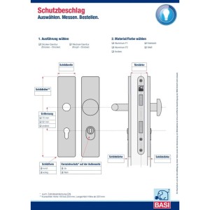 Skizze eines BASI Feuerschutz Beschlags SB/FS 2200K ZA ES1 mit Maßangaben.