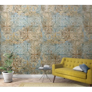 Marburg Vliestapete Ornamental Industrial Beige-Blau im Wohnraum mit gelbem Sofa.