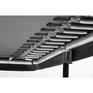 Detailaufnahme der Federn und des Rahmens vom schwarzen Salta Trampolin Comfort Edition.