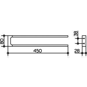Technische Zeichnung: Keuco Edition 11 Handtuchhalter, 2-armig, 45cm, verchromt, mit Maßangaben.
