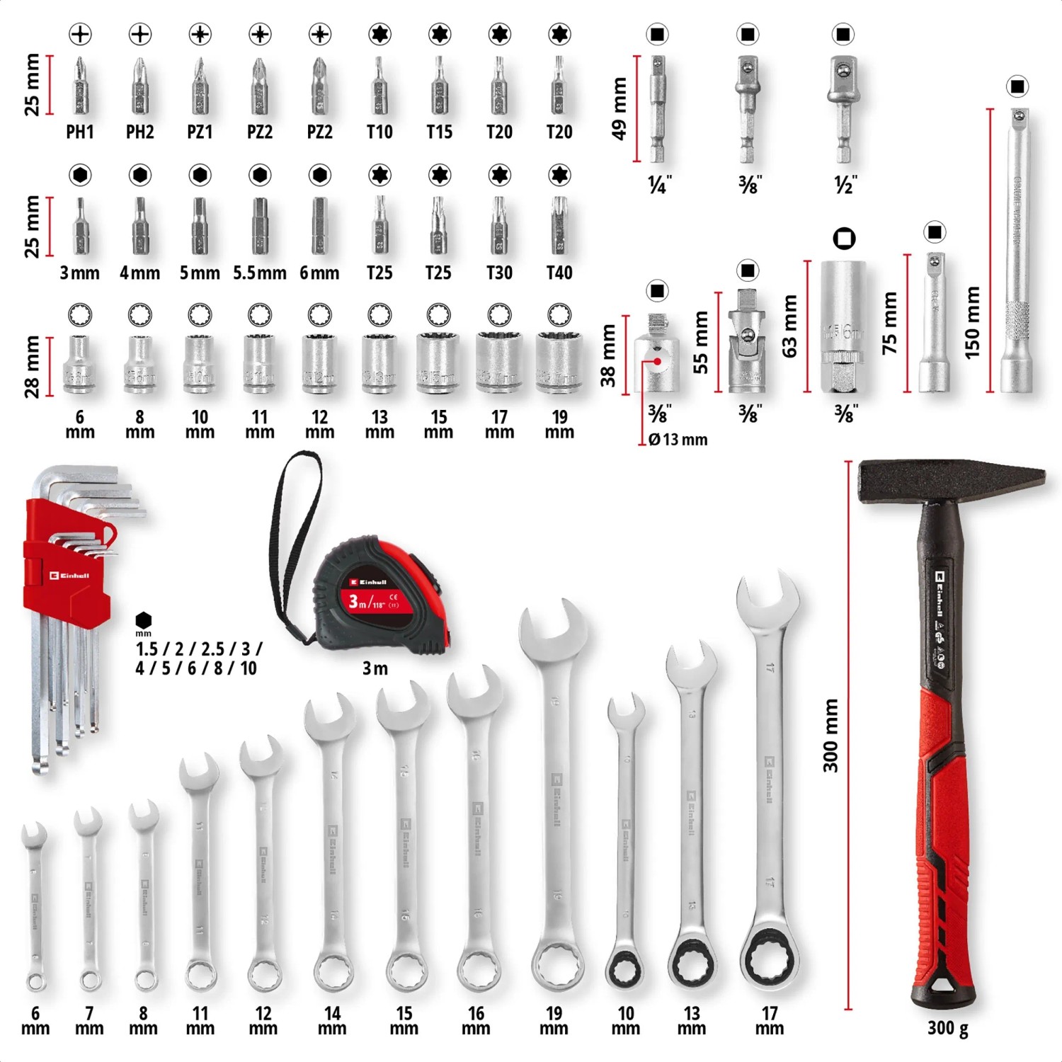 Einhell Werkzeugkoffer Universal 80-tlg. E-CASE mit Werkzeugset, Hammer, Zangen, Schraubenschlüssel und Bits.