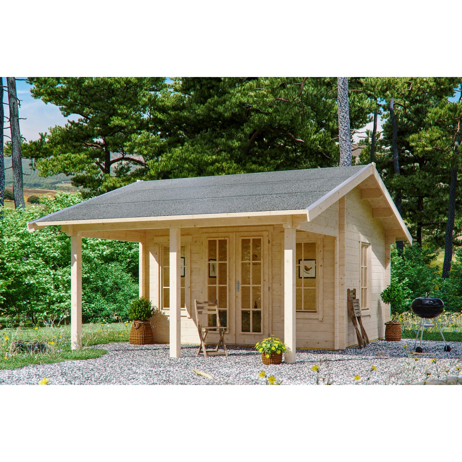 Skan Holz Freizeithaus Luzern, 380x300 cm, Naturholz Gartenhaus mit Anbau.