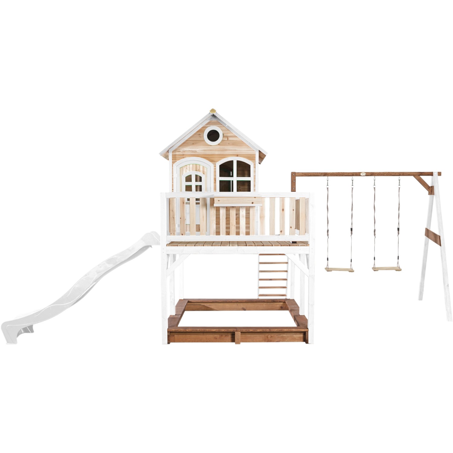 Axi Liam Spielhaus mit Doppelschaukel, braun-weiß mit Rutsche. Spielturm mit Schaukel und Sandkasten.