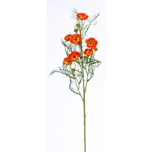 Orangefarbene Kunstblume Ranunkel, 74 cm hoch, detailgetreue Nachbildung.