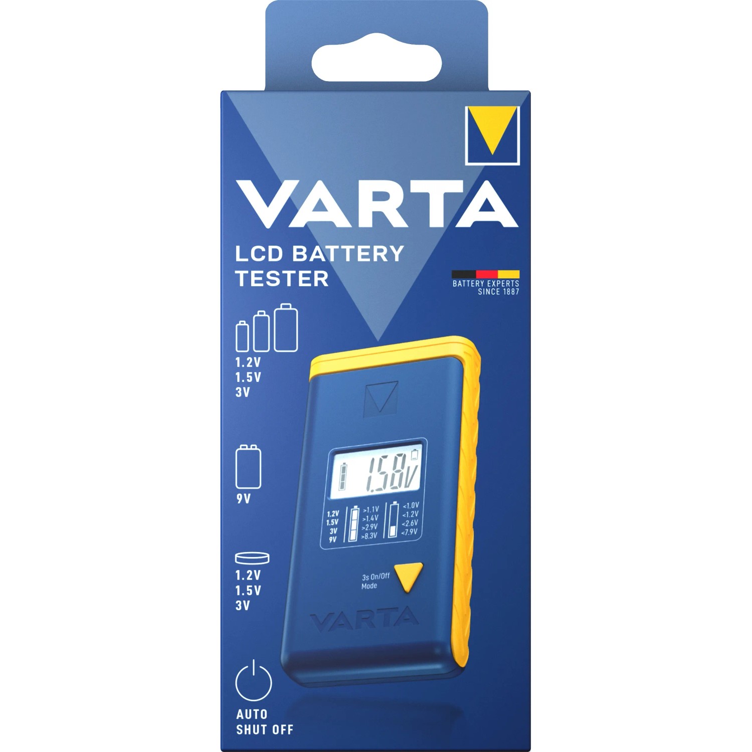 Varta Batterietester mit LCD-Display für gängige Batteriegrößen und Knopfzellen.