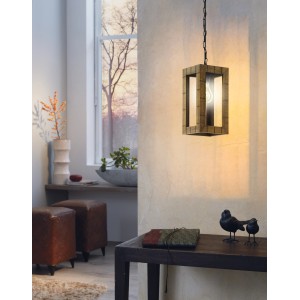 Eglo Takhira Pendelleuchte, schwarz/braun, Stahl/Holz, E27 max. 60W. Hängende Lampe im Wohnraum.