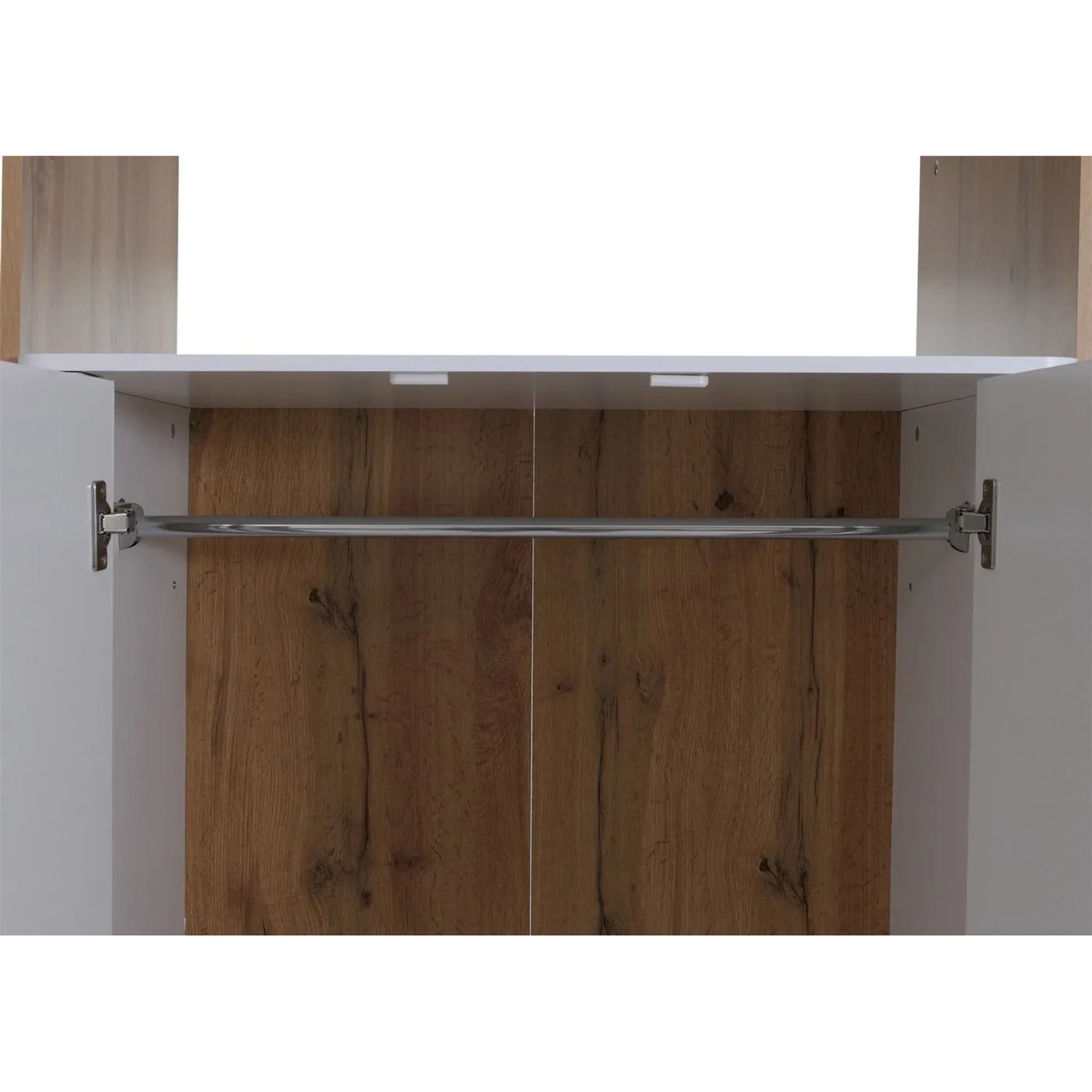 MCW Schrank P43 Innenansicht mit Kleiderstange, Wotan-Eiche-Optik Rückwand und weißem Rahmen. Garderobe.