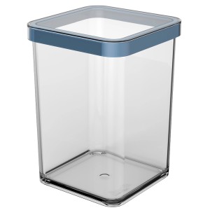Quadratische Rotho Vorratsdose Loft Premium, 1 l, transparent mit blauem Deckel.