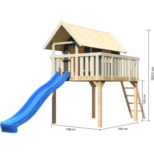 Karibu Stelzenhaus Fidel Set mit blauer Wellenrutsche und Leiter. Spielturm aus Holz in Terragrau.