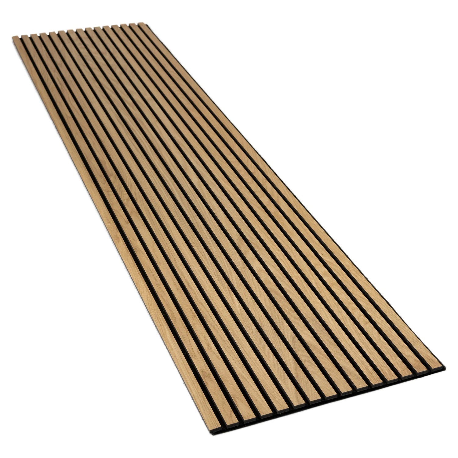Akustikpaneel Eiche geölt, Wandverkleidung mit schwarzen MDF-Leisten auf Akustikfilz, 240 cm lang.