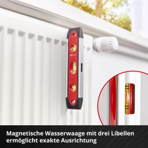Einhell Wasserwaage mit Magnet, Teil des 78-teiligen Werkzeugkoffers Renovierung, an Heizkörper befestigt.