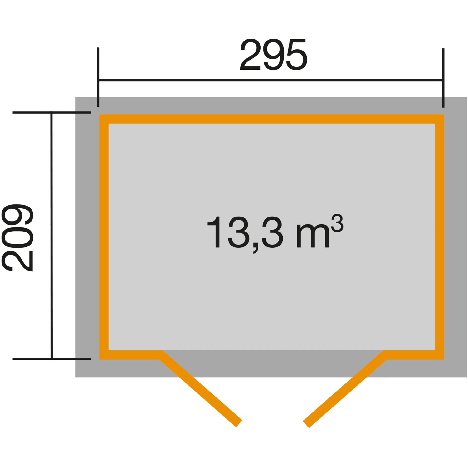 Grundriss Weka Gartenhaus 264 mit Pultdach, Maße 295x209 cm, Volumen 13,3 m³.