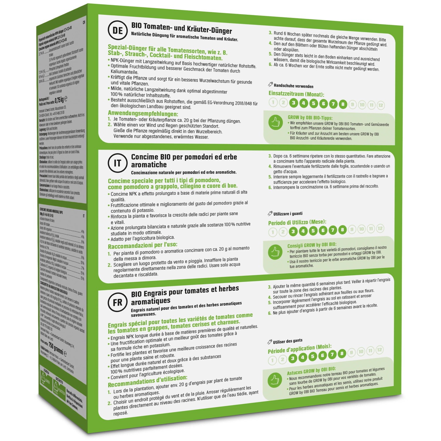 GROW by OBI BIO Tomaten- und Kräuterdünger, 750g Packung für gesunde Pflanzen und reiche Ernte.