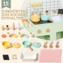 Grün-weiße AIYAPLAY Kinderküche aus MDF mit 15 Kochzubehörteilen wie Töpfen, Pfannen und Utensilien.
