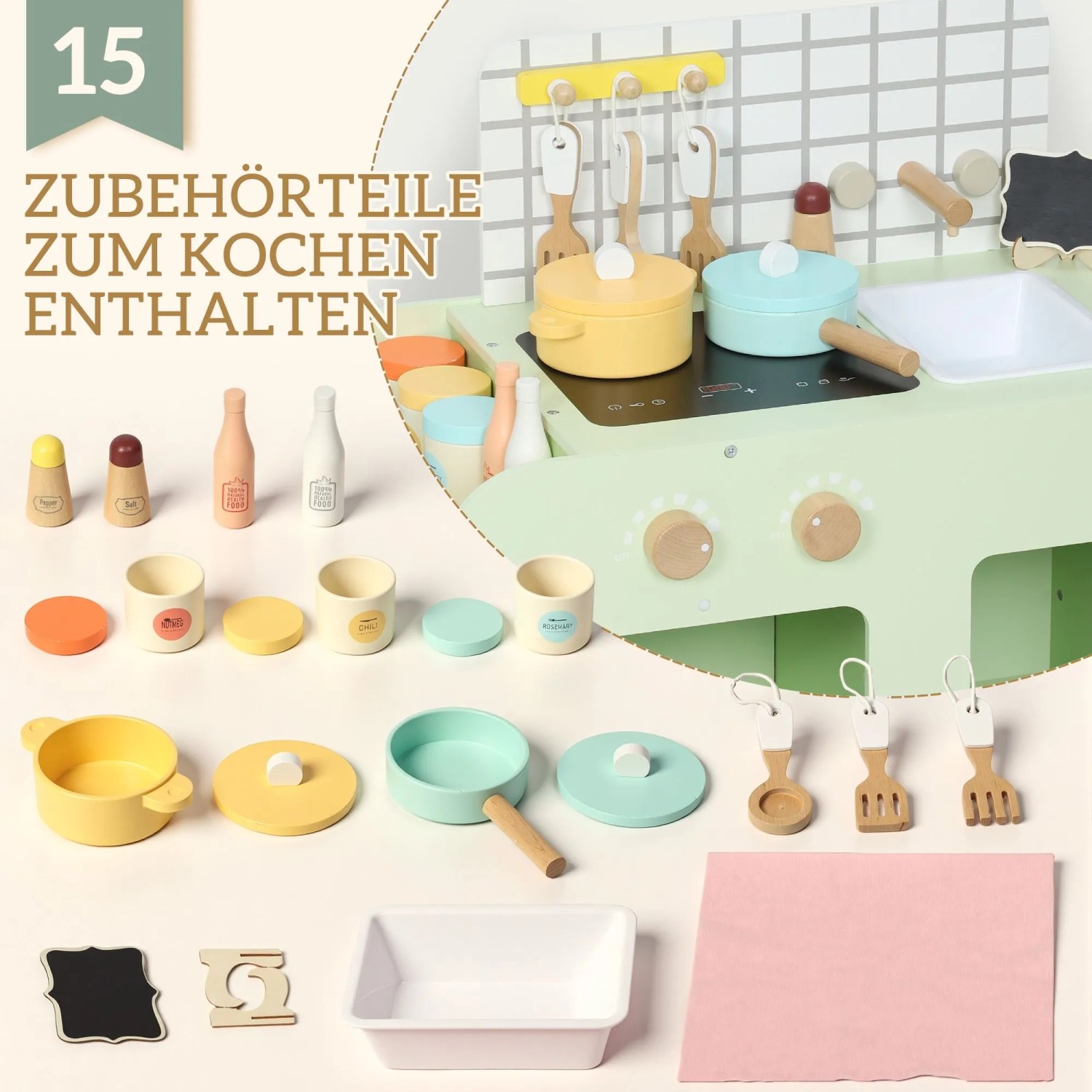 Grün-weiße AIYAPLAY Kinderküche aus MDF mit 15 Kochzubehörteilen wie Töpfen, Pfannen und Utensilien.