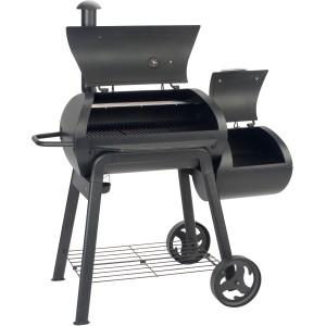 Landmann Holzkohle-Smoker Vinson 200 mit Deckelthermometer, geöffnet, seitliche Feuerbox, Räder.