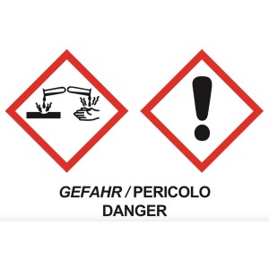 Gefahrzeichen: Ätzwirkung und allgemeine Warnung für Tassullo Klebspachtel.