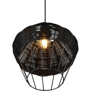 Schwarze Reality Pendelleuchte Borka mit Rattan-Schirm, 30 cm Durchmesser.