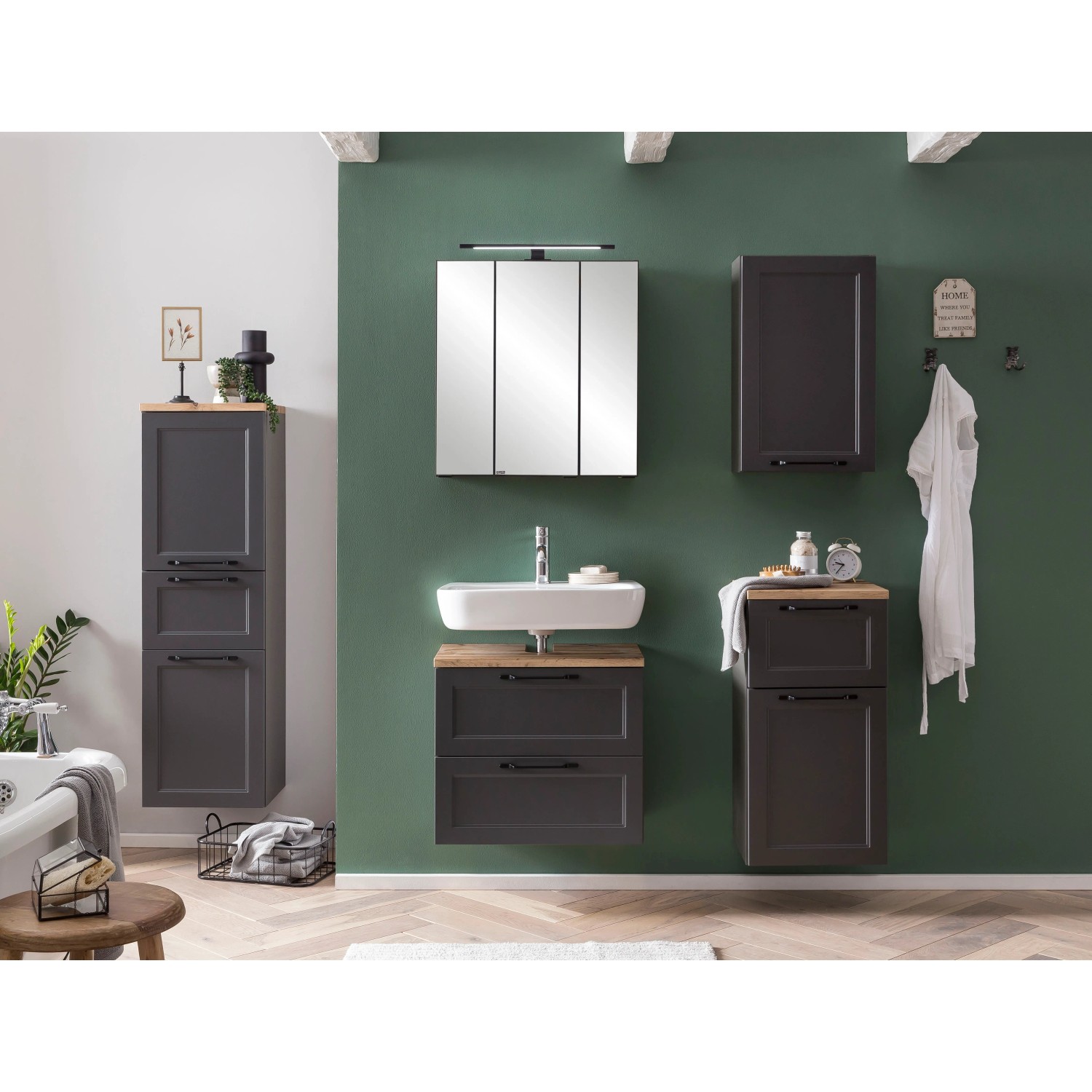 Held Möbel Padua Badmöbel-Set, Unterbeckenschrank in Grau-Graphitgrau mit Waschbecken und Spiegelschrank.