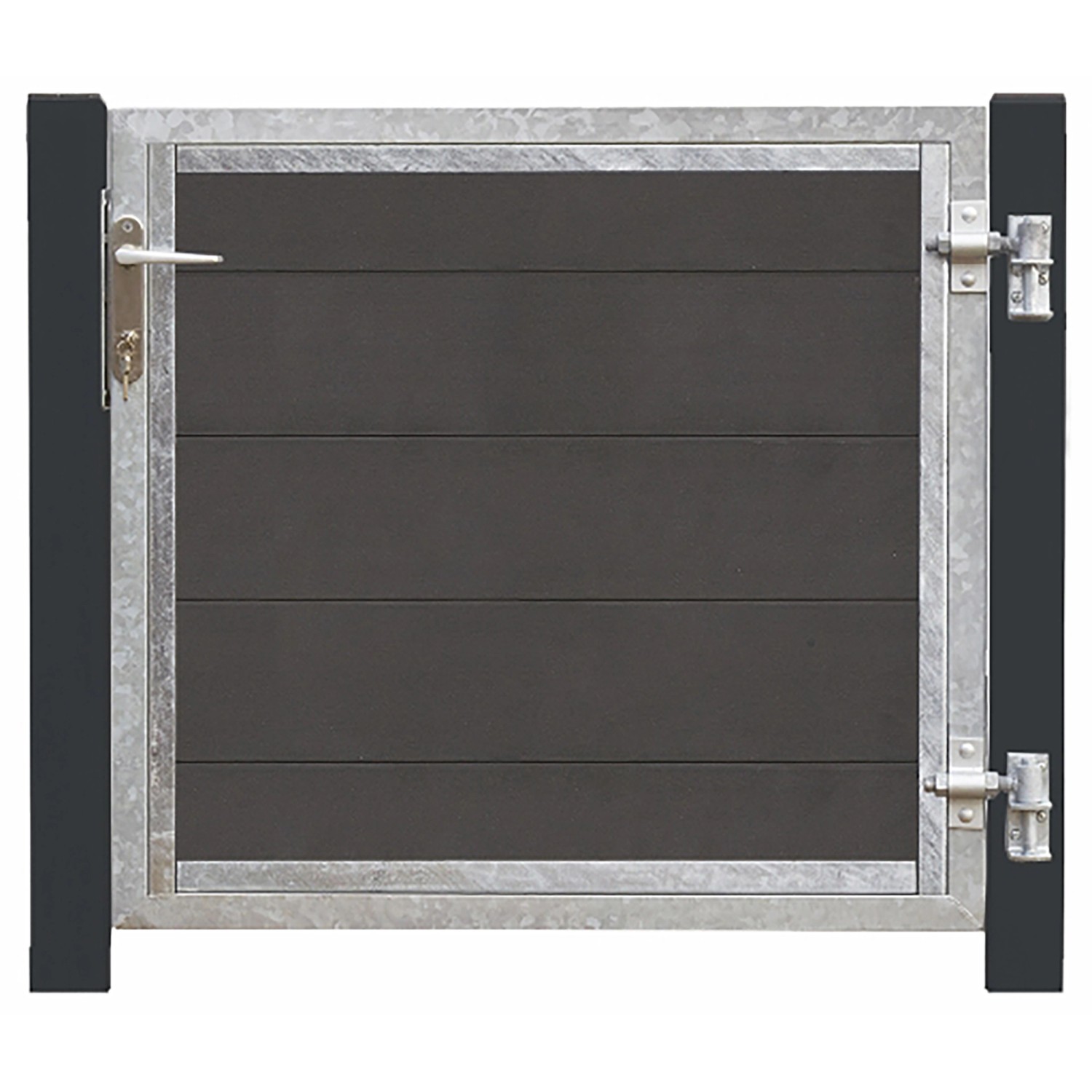 Einzeltor Futura WPC Schiefergrau mit grauschwarzen Pfosten, Ansicht von vorne.