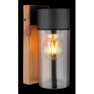 Moderne Globo Außenwandleuchte Etsi mit Holzoptik und rauchfarbenem Glas.