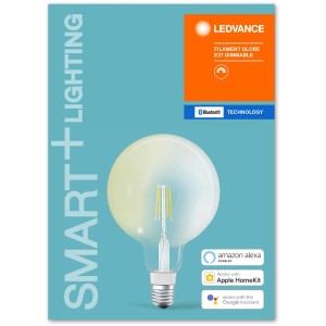 LEDVANCE SMART+ Bluetooth LED-Lampe in Globeform mit klarem Filament und E27-Sockel.