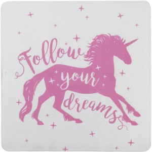 Quadratische, pinke Wenko Duscheinlage mit Einhorn-Motiv und Schriftzug.