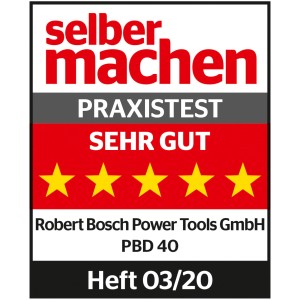 Testurteil „sehr gut“ für Bosch PBD 40 Tischbohrmaschine, ausgezeichnet mit 5 Sternen.