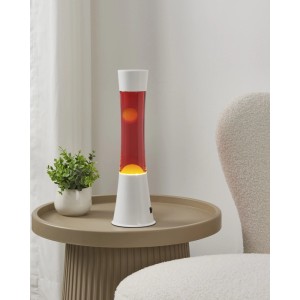Moderne Eglo LED-Lavatischleuchte in Weiß mit weinroter Flüssigkeit und orangem Wachs auf einem Beistelltisch.