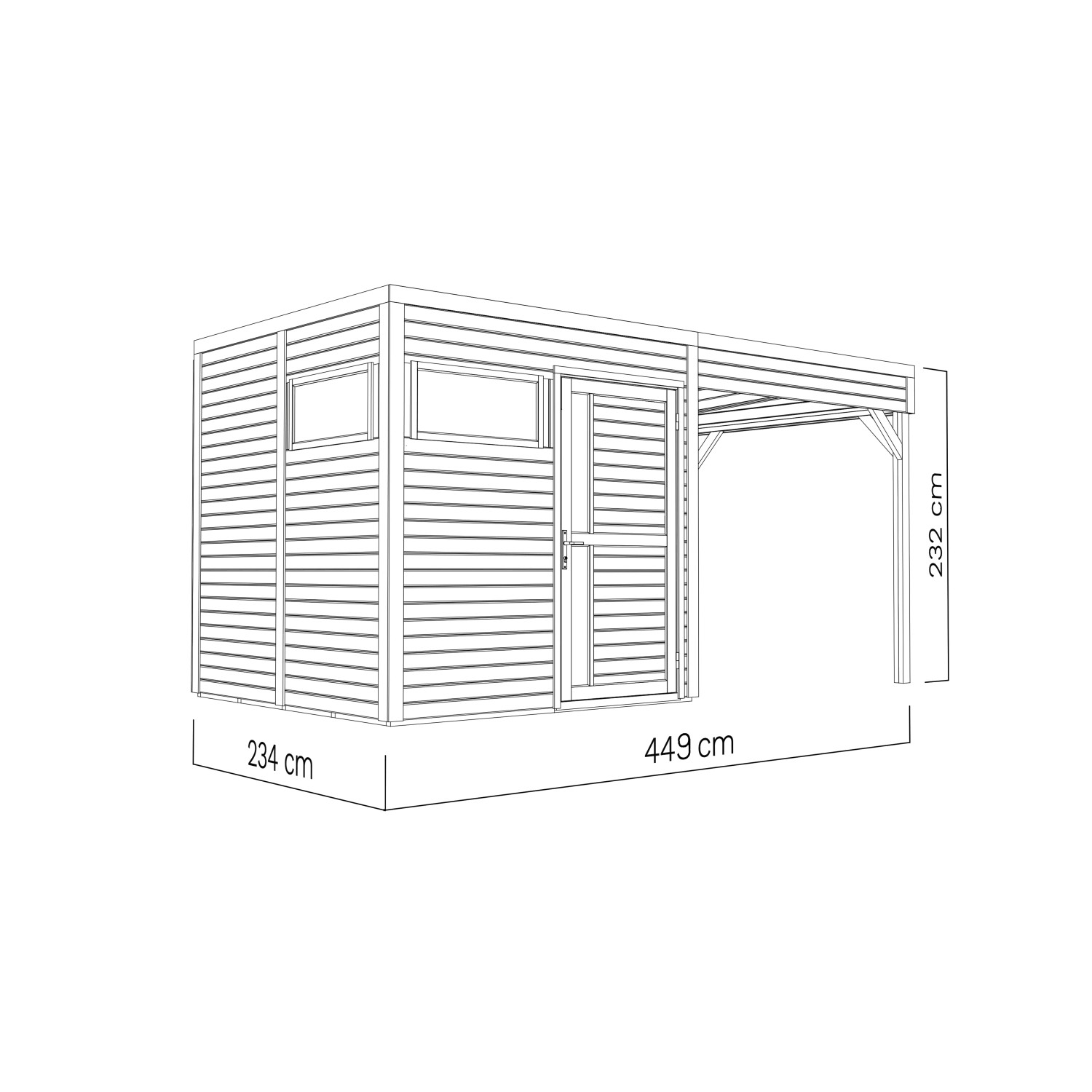 Skizze: Bertilo Holz-Gartenhaus Cubus 2 Lounge, 449x234cm, mit Tür, Fenster und überdachter Lounge.